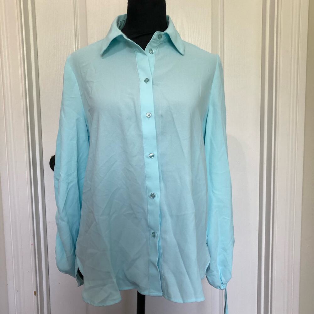 Anne Klein‎ Ocean Sky Blue Button Down Blouse Drawstring Cuffs Womens Small NEW